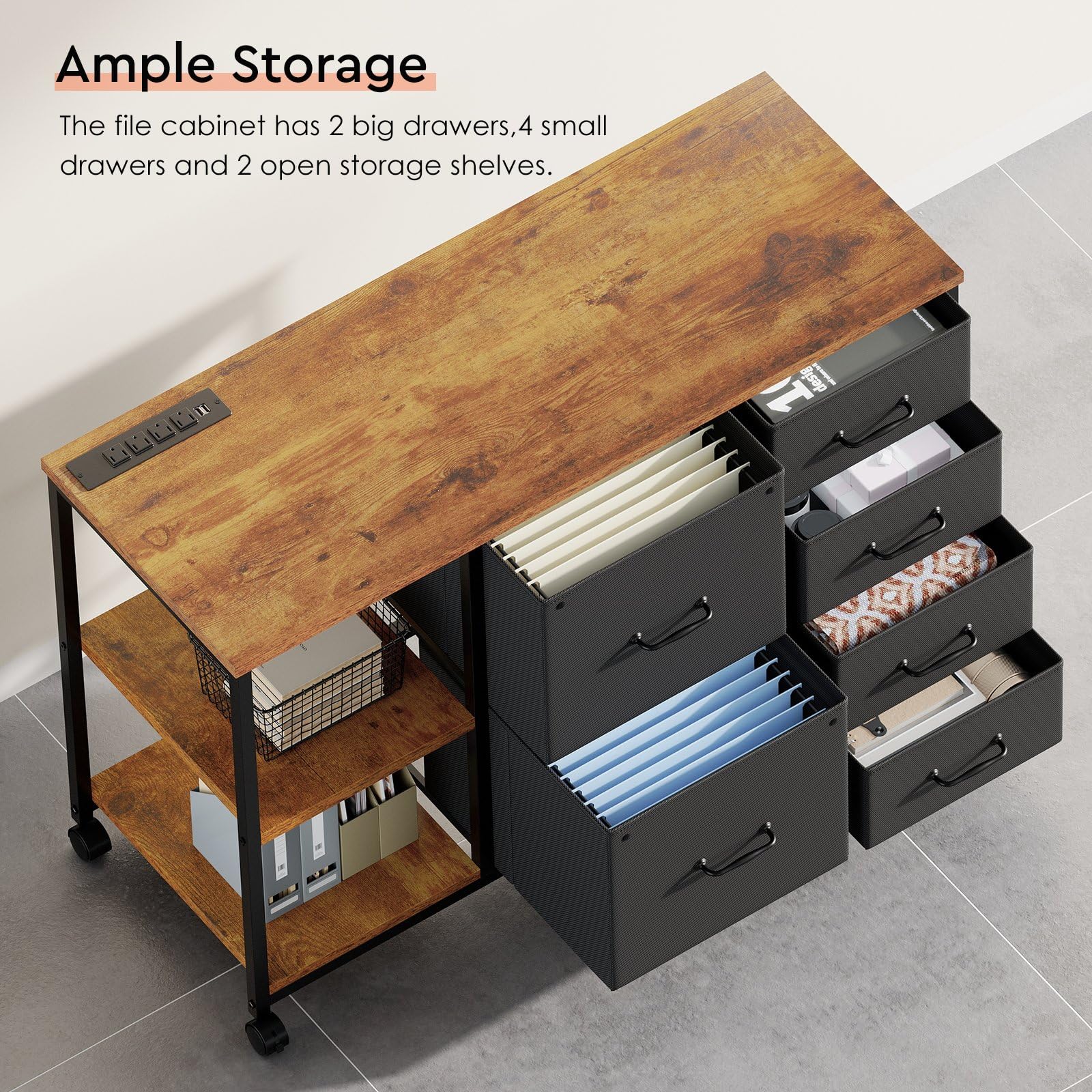 6-Drawer File Cabinet with Charging Station & Rolling Printer Stand