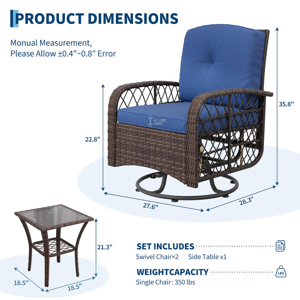 SLEKVERSA 3-Piece Swivel Bistro Patio Set – All-Weather Wicker Chairs with Tempered Glass Table & Thick Blue Cushions for Garden, Balcony, Deck – Brown Gradient Rattan + Blue Cushion