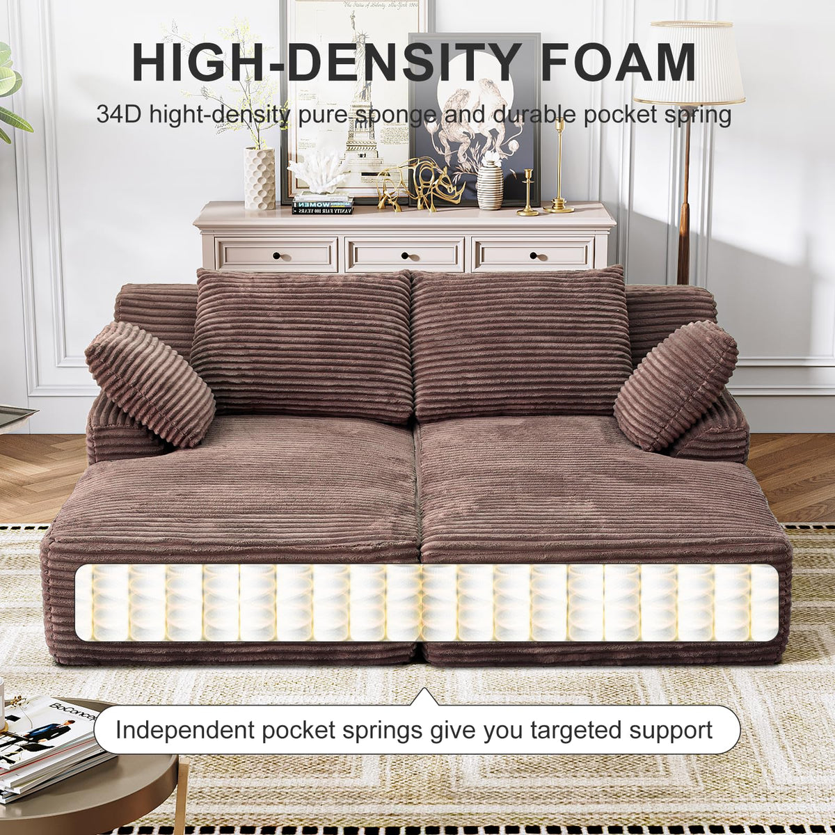 Forrise Oversized Chaise Lounge Chair Indoor, Corduroy Upholstered Boneless Sofa Bed, Deep Seat Sleeper Couch Reading Chairs, Cloud Sofas for Living Room, No Assembly Required (Brown, Double Size)