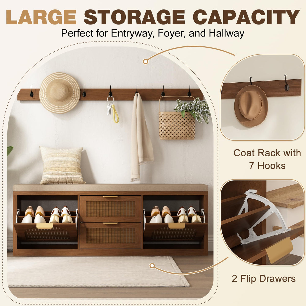 WINWY Shoe Storage Bench with Coat Rack, Flip Doors & Cushion, Walnut