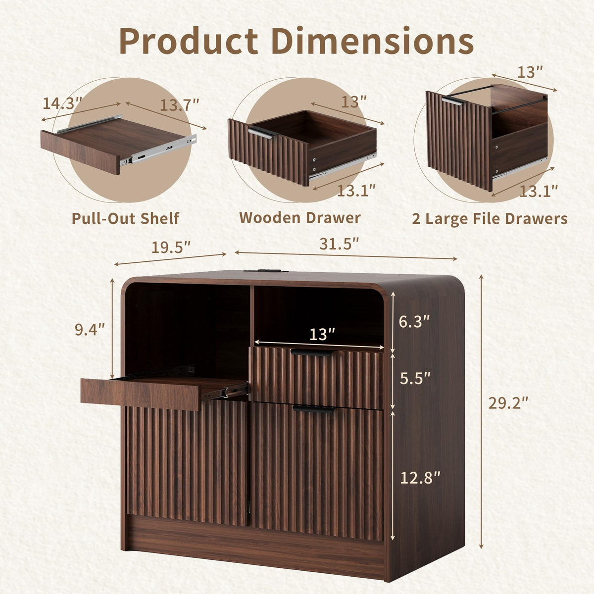 Fluted 3-Drawer File Cabinet