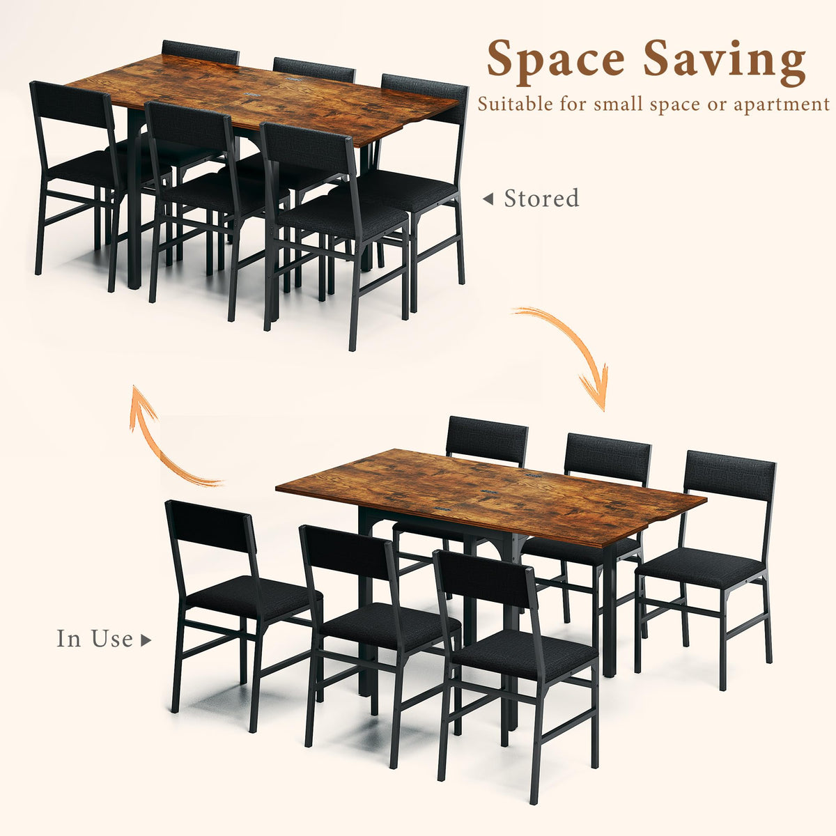 7-Piece Dining Table Set for 4-6, Extendable Kitchen Table Cushion Chairs Set of 6 with 6 Chairs, Rectangle Dining Table with Metal Frame & MDF Board, Folding for Small Apartment Saving Space, Rustic