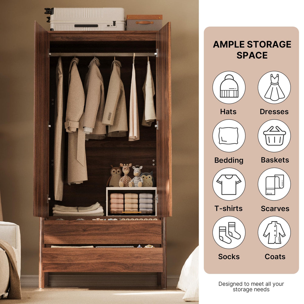 Walnut Wardrobe with 2 Drawers