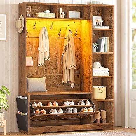 6-in-1 Farmhouse Hall Tree with Bench, Flip Shoe Cabinet, 10 Hooks & LED Lights