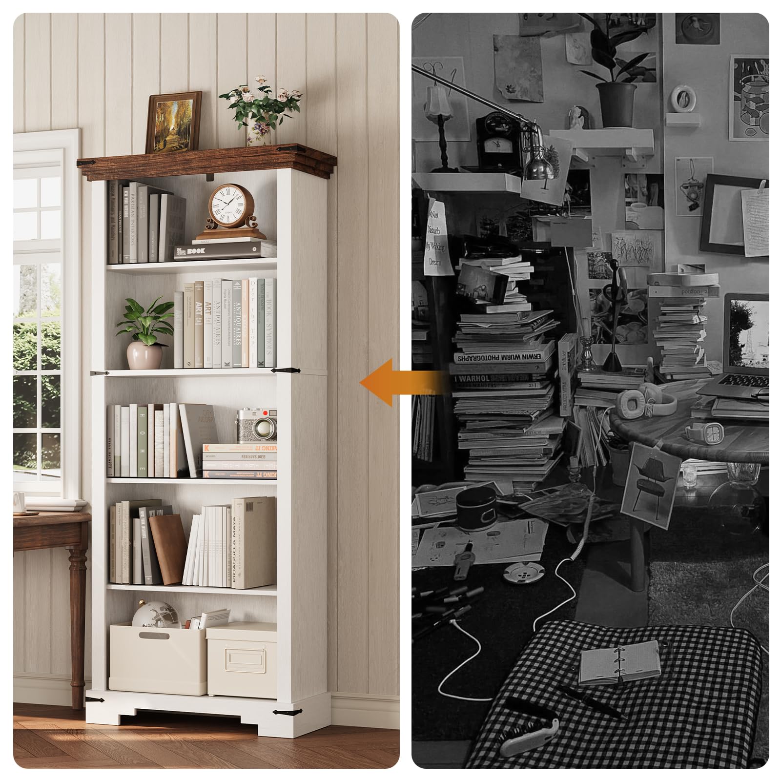 HOTLUU 5-Tier Farmhouse Bookshelf, 61.1 inch Tall Bookcase with Storage & Unique Design & One Adjustable Shelf, Wooden Bookshelf for Study Room, Living Room, Home Office, Bedroom (White)