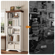 HOTLUU 5-Tier Farmhouse Bookshelf, 61.1 inch Tall Bookcase with Storage & Unique Design & One Adjustable Shelf, Wooden Bookshelf for Study Room, Living Room, Home Office, Bedroom (White)