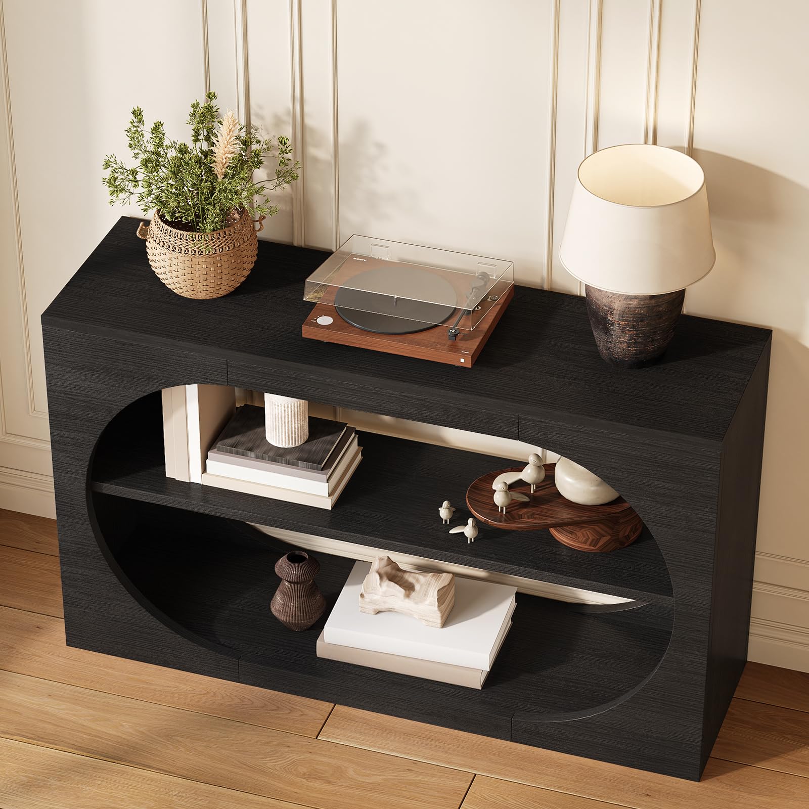 Tarnorci 55-Inch Entryway Table with Storage, 3-Tier Console Tables, Behind Couch Table Wood Narrow Console Tables for Entryway, Living Room, Foyer, Hallway, Entry (Black)