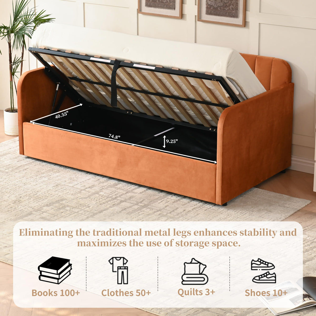 Zanmintaobo Twin Day Bed with Lift Up Storage, Orange