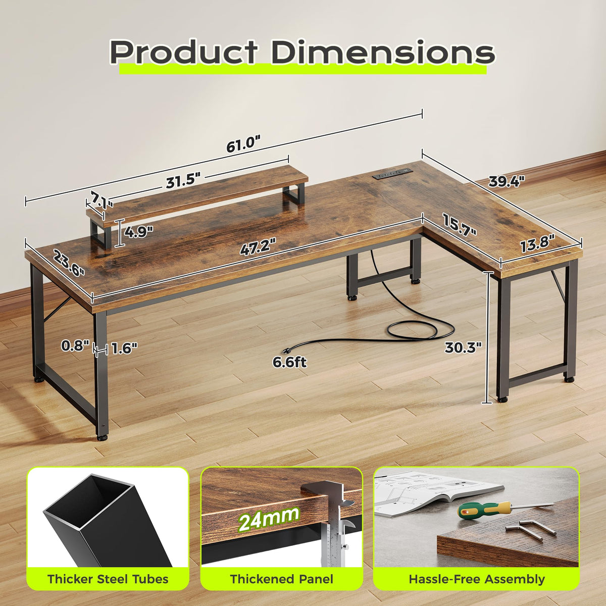 Reversible L-Shaped Desk with Charging Station