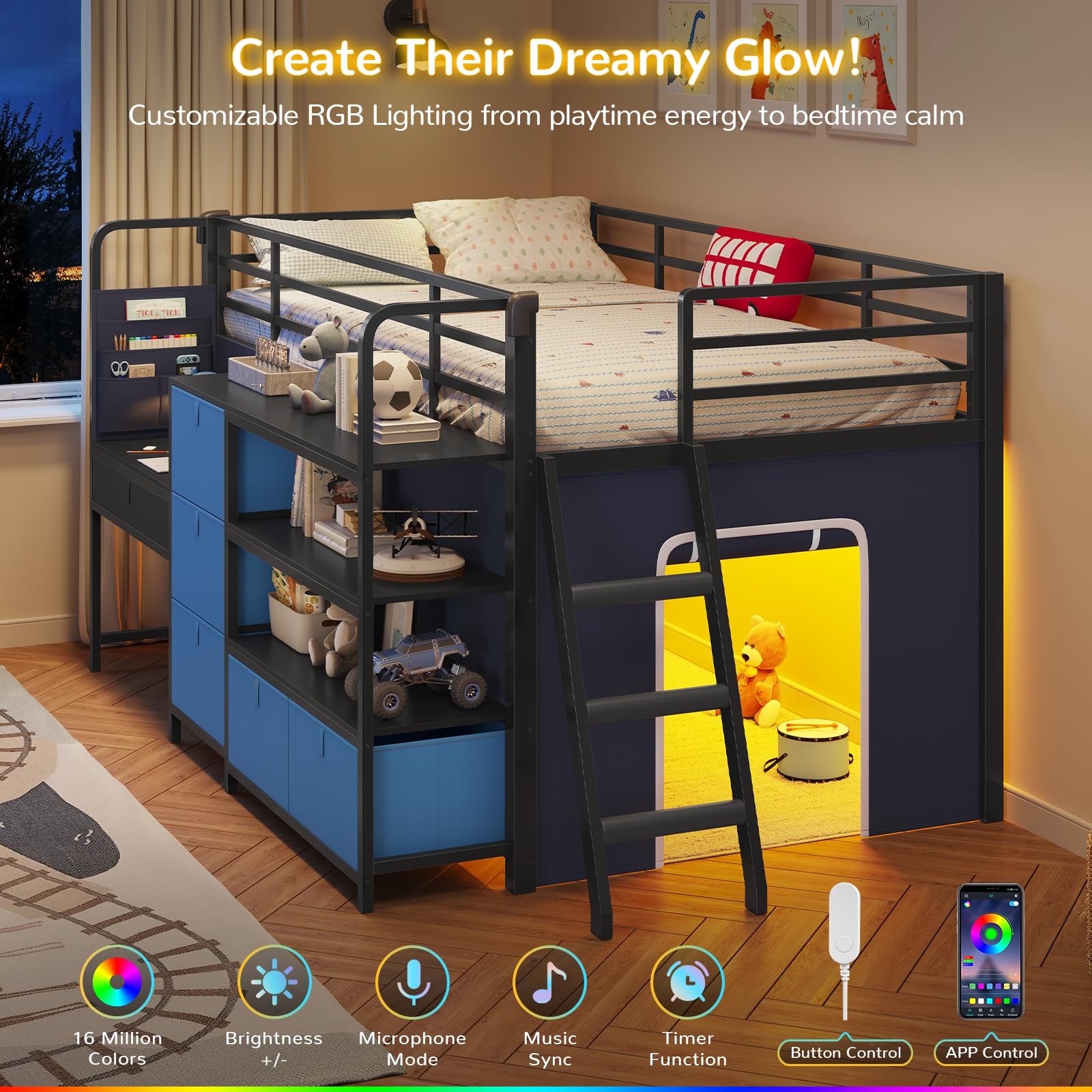 Kids Twin Low Loft Bed with Desk, Storage & LED Play Tent