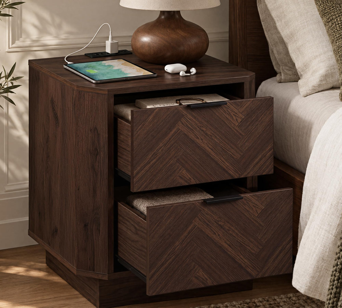 AKESONG 21.7" Nightstands with Charging Station, Herringbone Design, Walnut