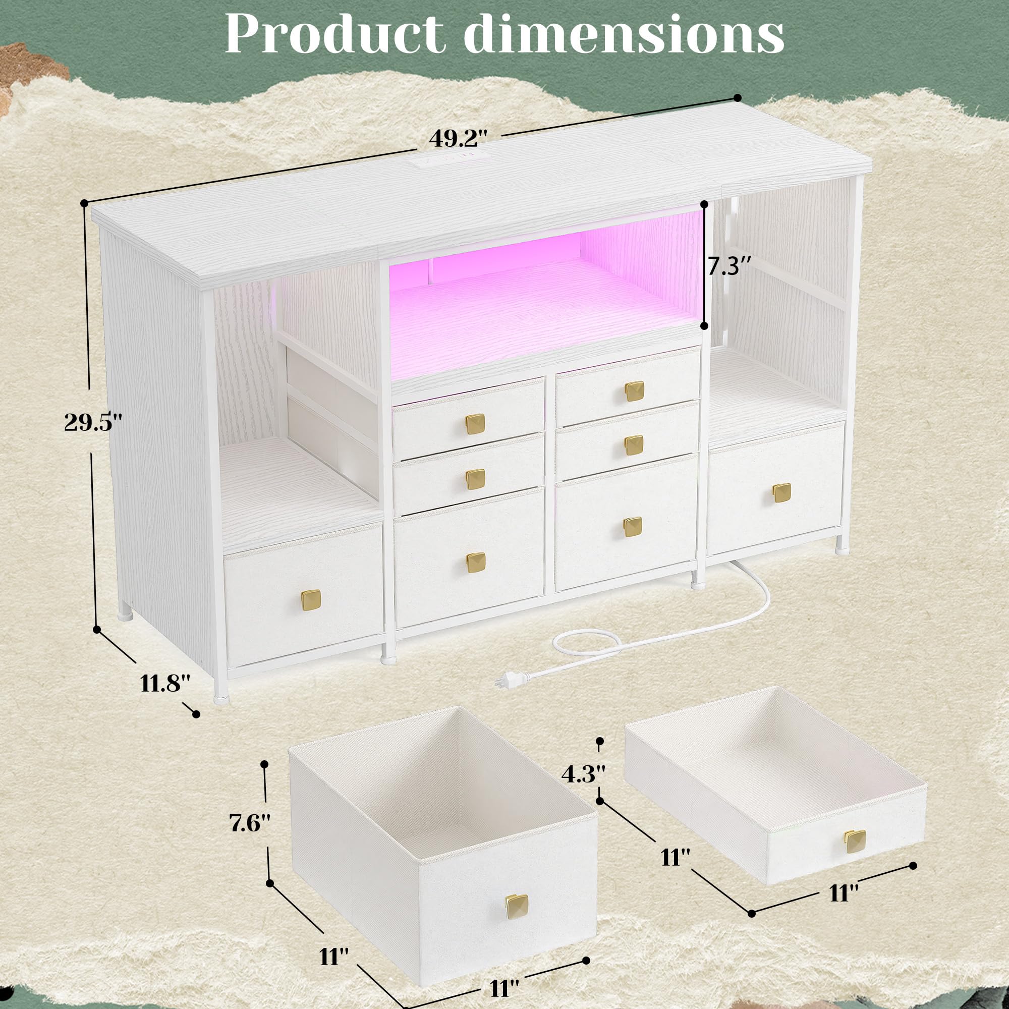 Dresser for Bedroom with 8 Fabric Drawers & 17.5''H Semi-Open Wooden Shelf,TV stand with LED Lights & Charging Station,Sturdy Steel Frame & Wood Top,Storage Cabinet for Hallway,Living Room,White