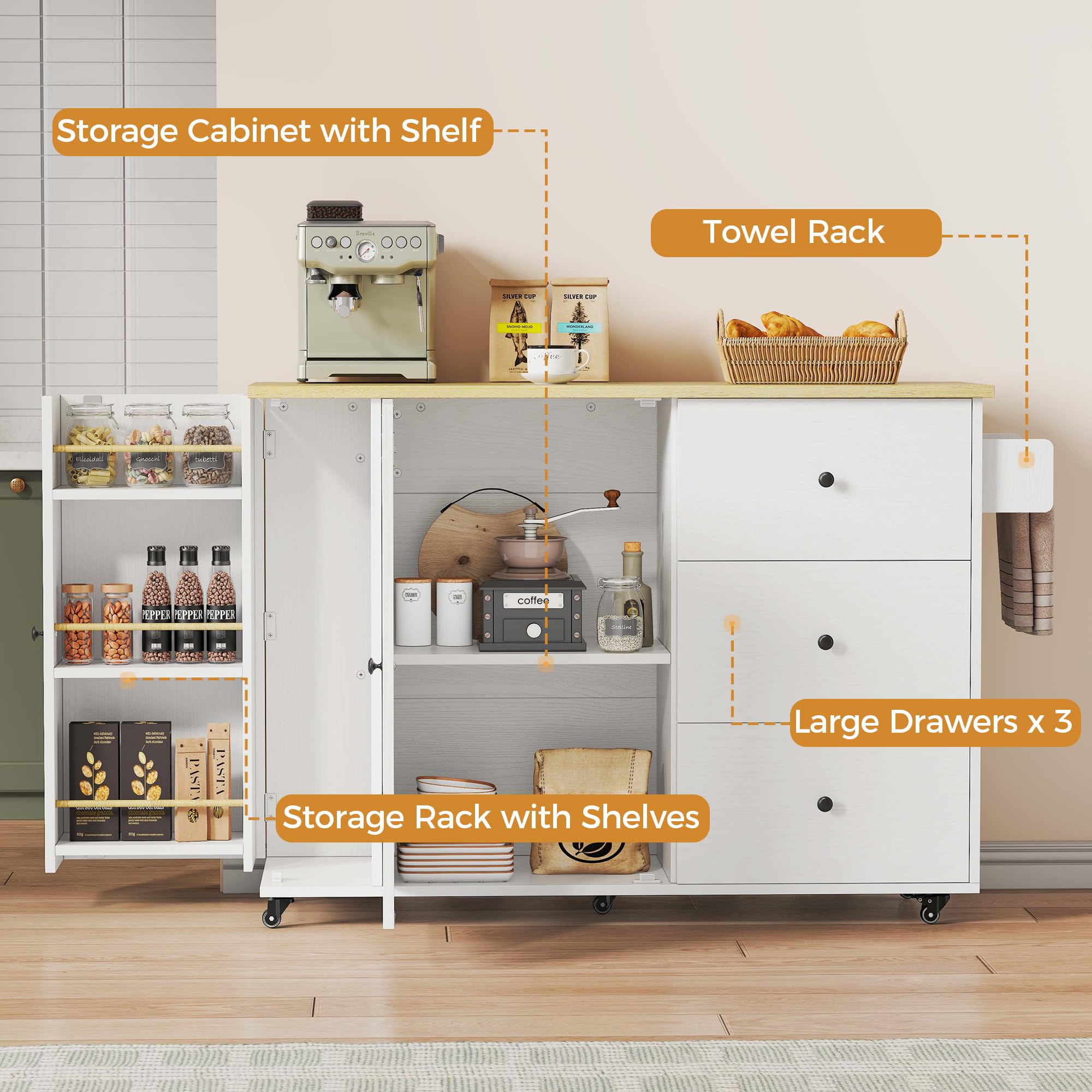 Rolling Kitchen Island with Drop Leaf & Storage