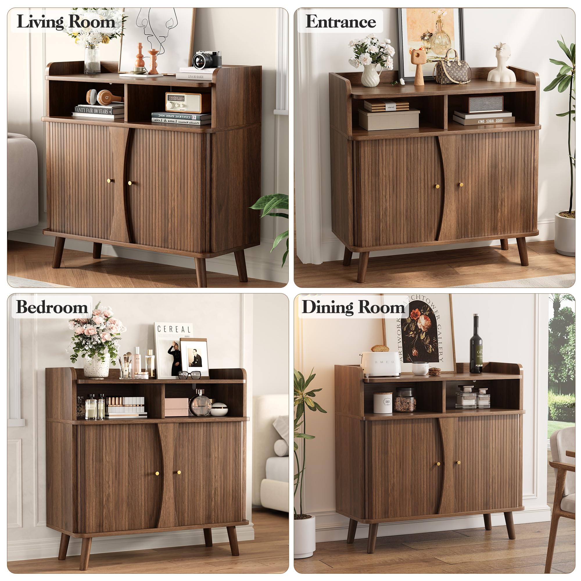 Decofy 39" Buffet Sideboard Cabinet, Mid Century Modern Console Cabinet with Roller Shutter Sliding Doors & Adjustable Shelves for Kitchen Cabinets, Living Room, Entryway, Coffee Bar Cabinet (Walnut)