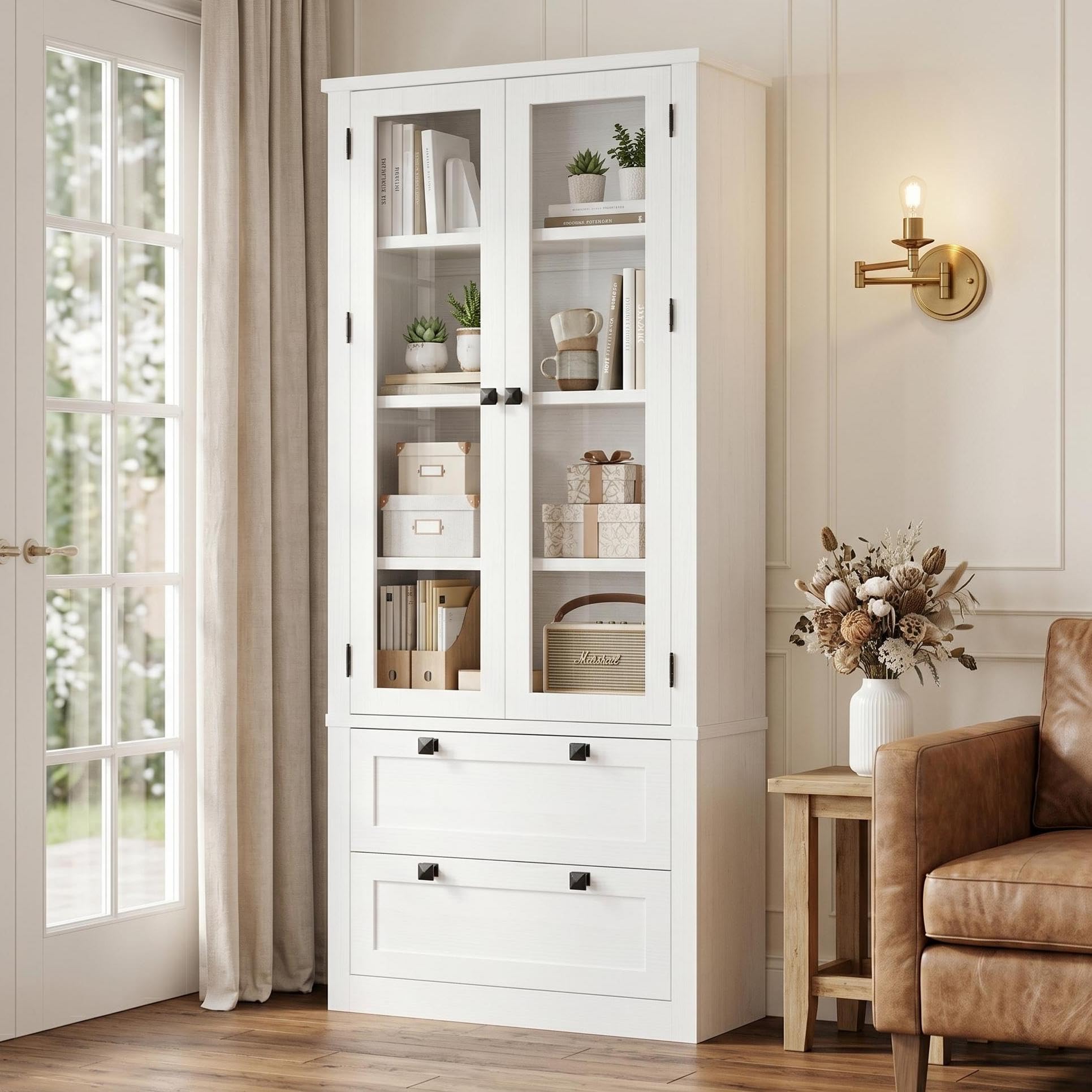 71" Tall Kitchen Pantry Cabinet - Modern Display Storage Cabinet with 2 Large Drawers, Glass Doors, and Adjustable Shelves, Farmhouse Kitchen Cupboard for Dining Room, Bathroom, Living Room, White