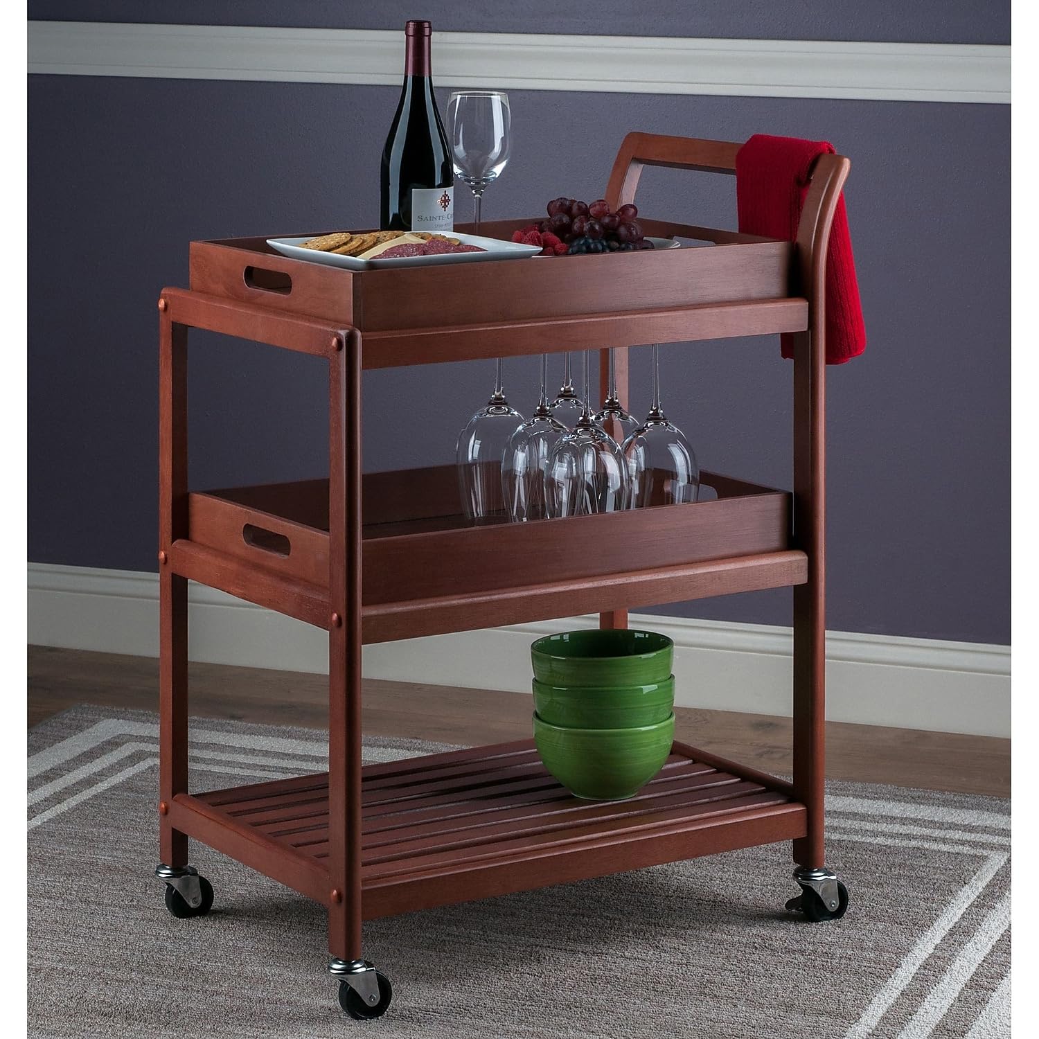 Winsome Albert 3-Tier Serving Cart, 33" in Walnut, Rolling Utility Bar Cart with Wheels for Snacks, Drinks, Kitchen Essentials, Storage & Organization for the Home or Apartment
