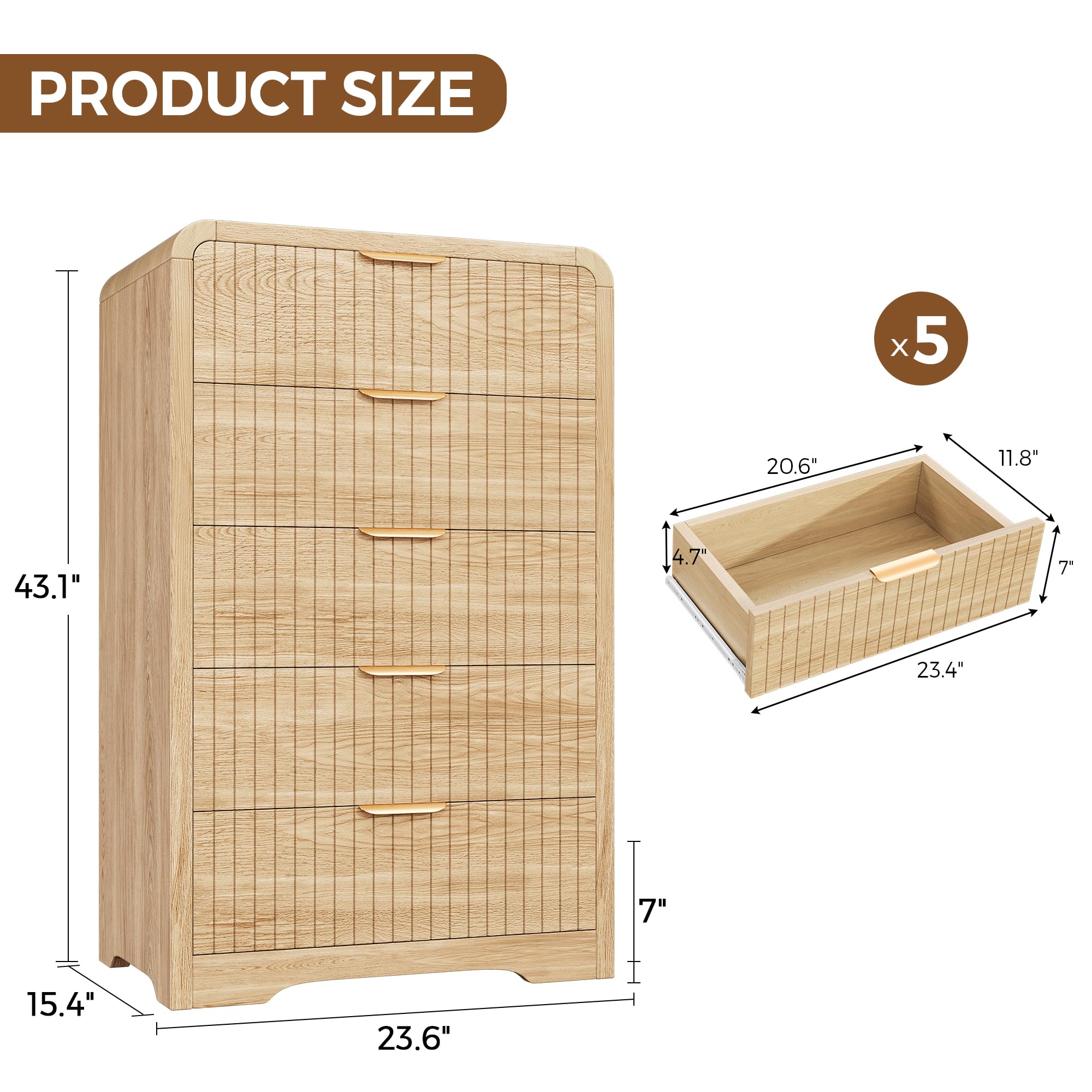 Fluted 5-Drawer Dresser with Curved Profile