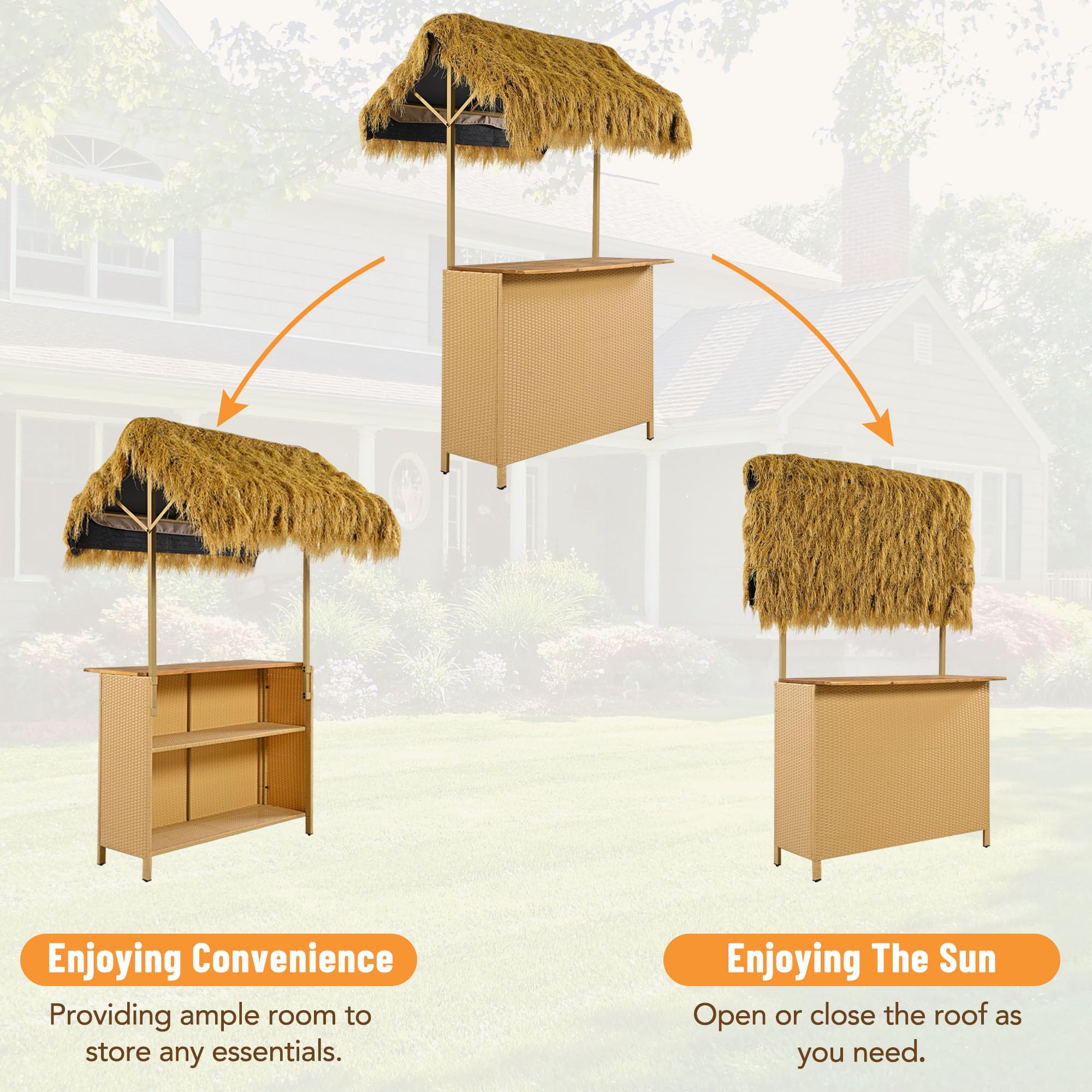 LUMISOL Outdoor Bar Table and Stools, Hawaiian Style Bar Height Patio Set with PE Grass Canopy, Acacia Wood Top and Adjustable Feet, 3 Piece Wicker Island Bar and 2 Stools, Natural