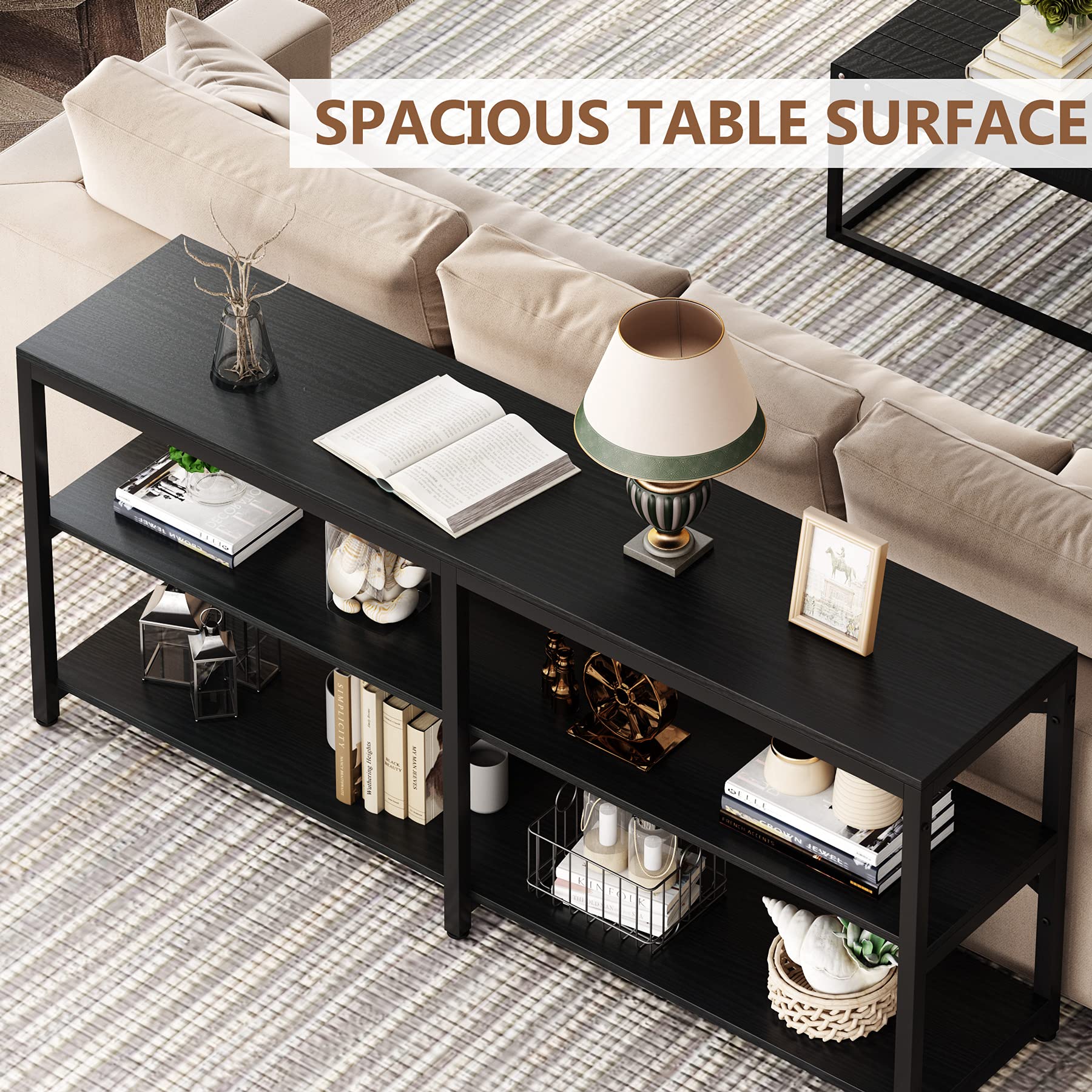 Tribesigns 70.9 Inch Extra Long Console Table, Modern Sofa Table Behind Couch Table with Storage Shelves, 3-Tier Industrial Hallway Entryway Table for Living Room, 3 Shelf Bookshelf(Black)
