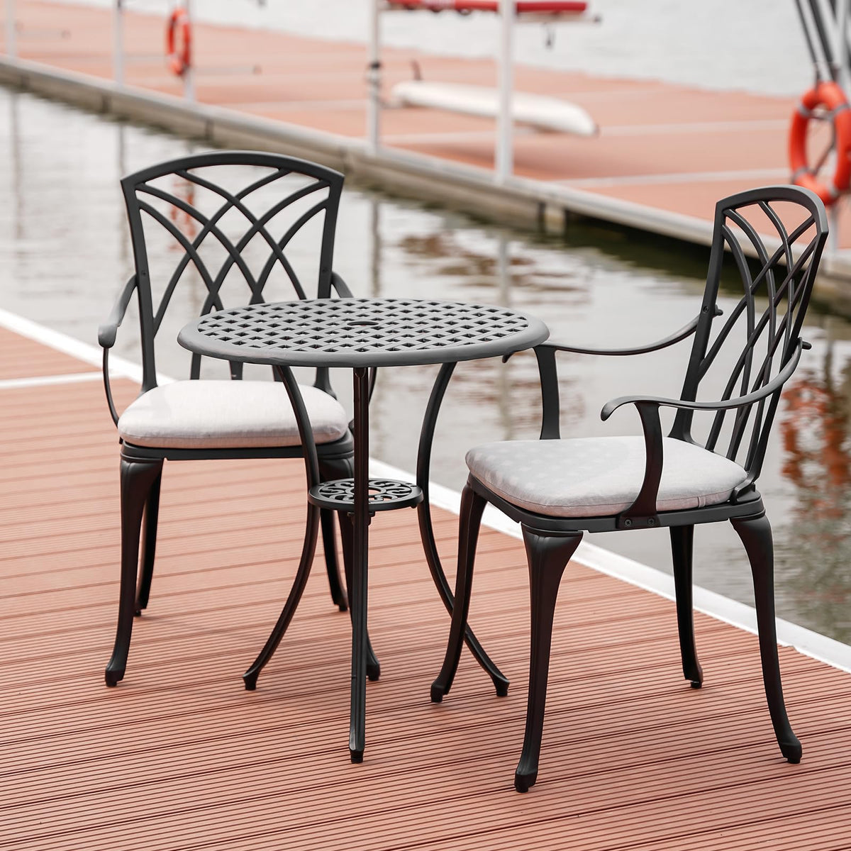 Withniture Patio Bistro Sets Cast Aluminum Bistro Table and Chairs Set of 2 with Umbrella Hole,Outdoor Bistro Set with Cushion for Yard (BLACK1)