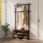 Solid Wood Hall Tree with Bench, 11 Hooks & 2-Tier Shoe Storage