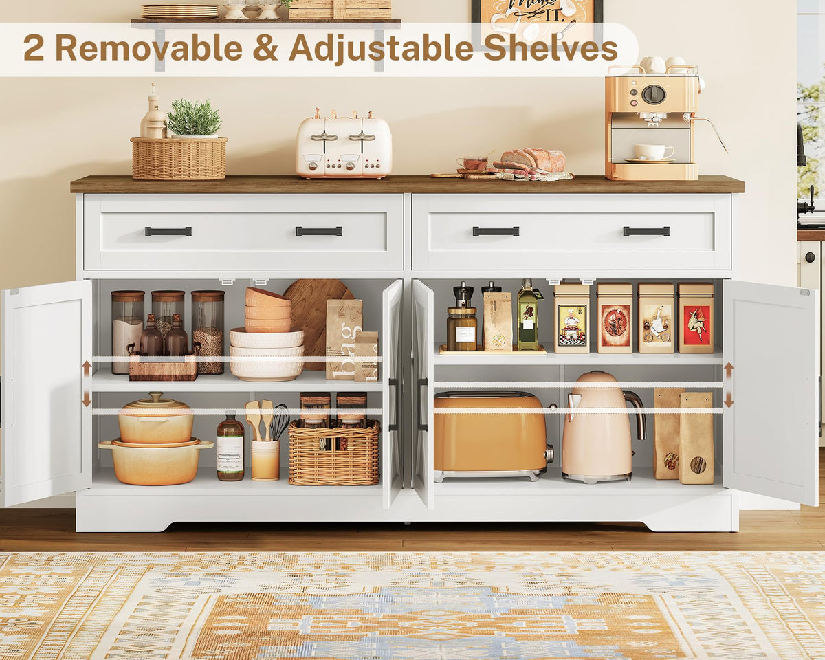 usikey 63" W Buffet Cabinet with Storage, Sideboard Cabinet with 2 Adjustable Shelves and 4 Doors, Modern Farmhouse Coffee Bar Cabinet for Kitchen, Living Room, White