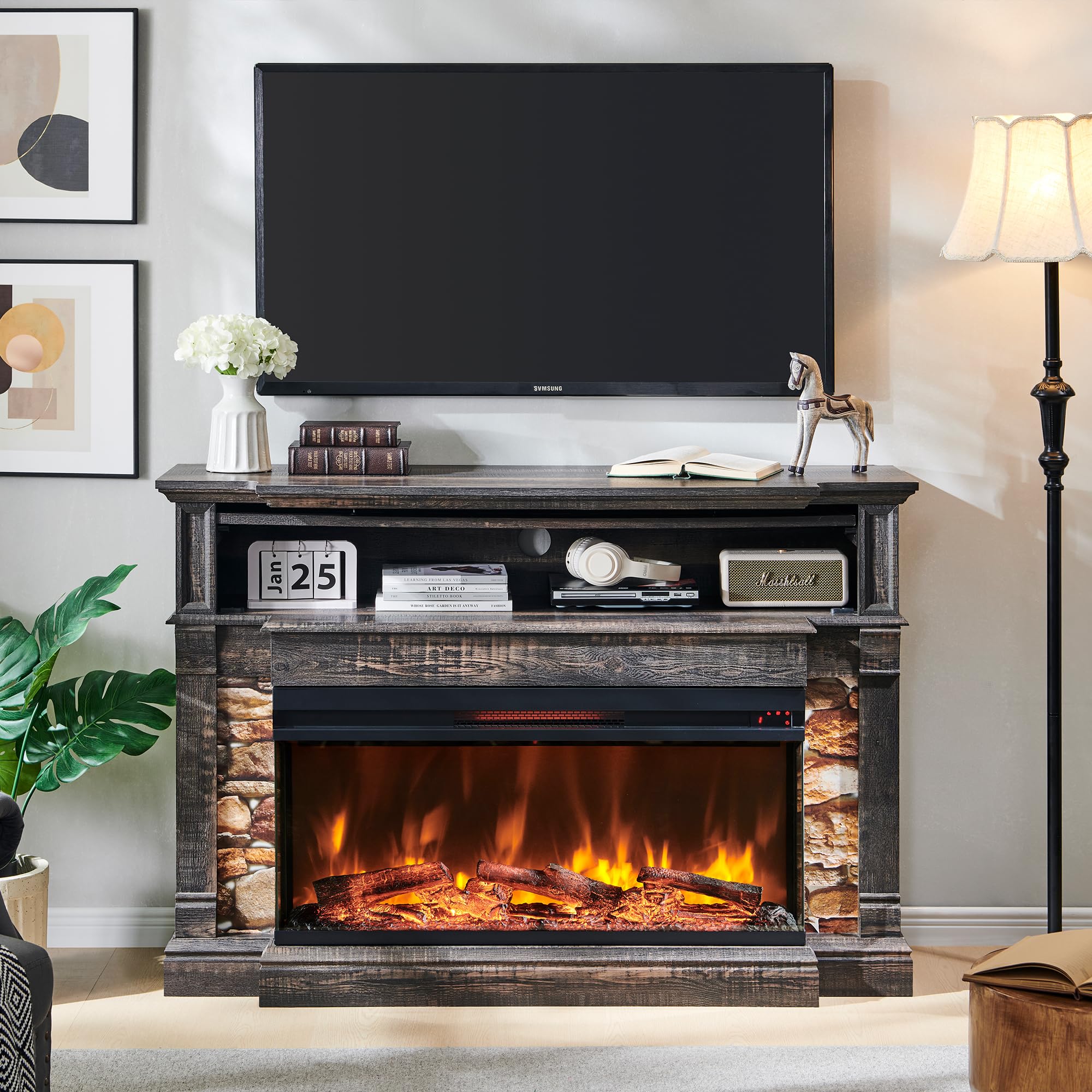 52" Electric Fireplace TV Stand with 3-Side Glass Insert