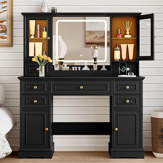 Farmhouse Makeup Vanity Desk with Lighted Mirror