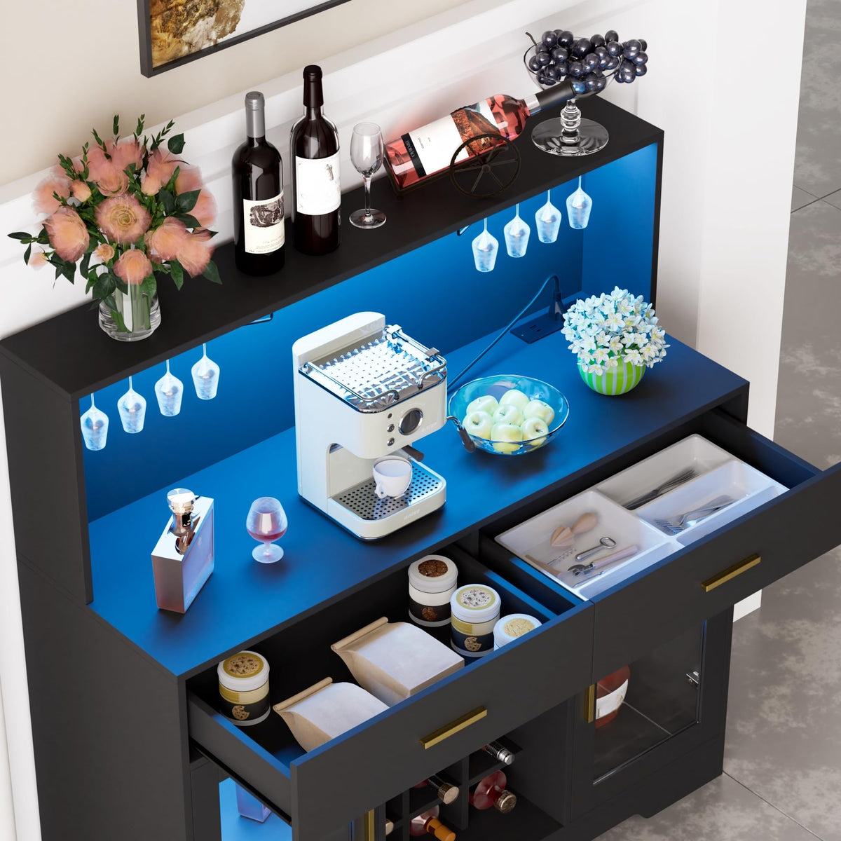 Black Wine Bar Cabinet with LED Lights