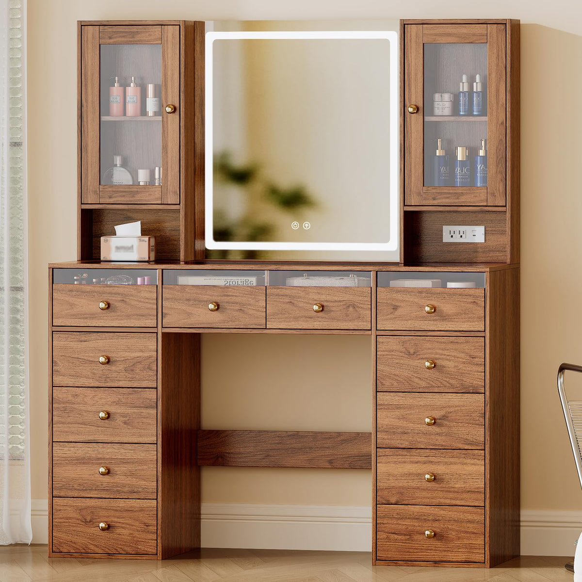 Chrangmay 47" Big Modern Vanity Desk with Mirror and Lights,Makeup Vanity Desk with 12 Drawers and Two PGB Storage cabinets & Power Outlet, Dressing Table with Glass Top, Walnut
