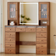 Chrangmay 47" Big Modern Vanity Desk with Mirror and Lights,Makeup Vanity Desk with 12 Drawers and Two PGB Storage cabinets & Power Outlet, Dressing Table with Glass Top, Walnut