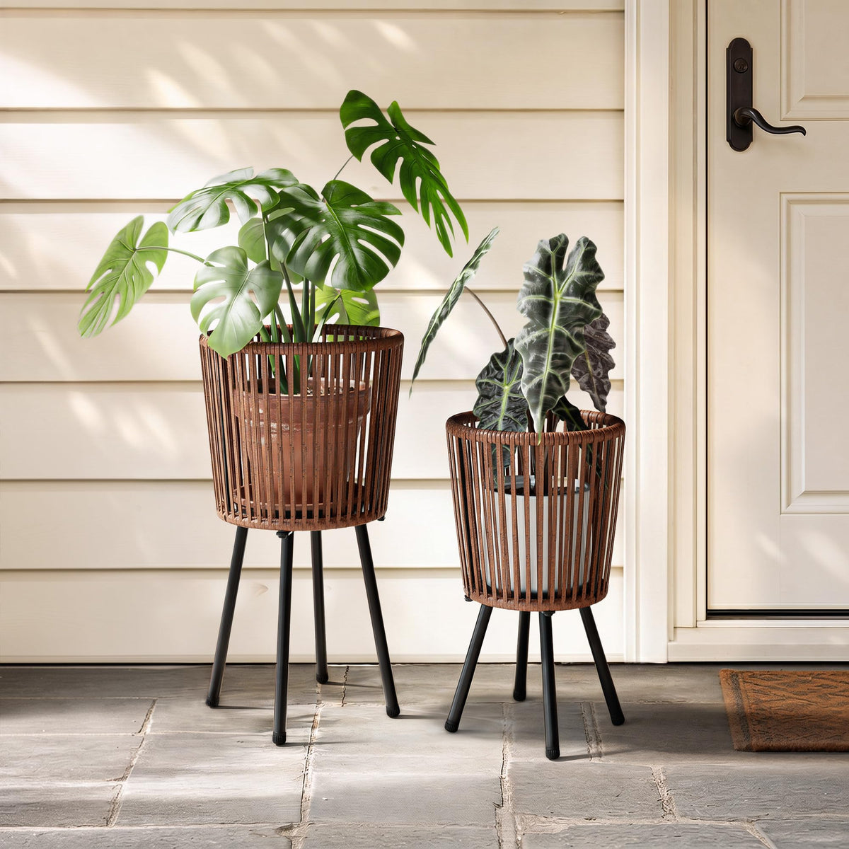 Mugovelo Set of 2 PE Rattan Plant Stand, Flower Pot Holder Indoor & Outdoor
