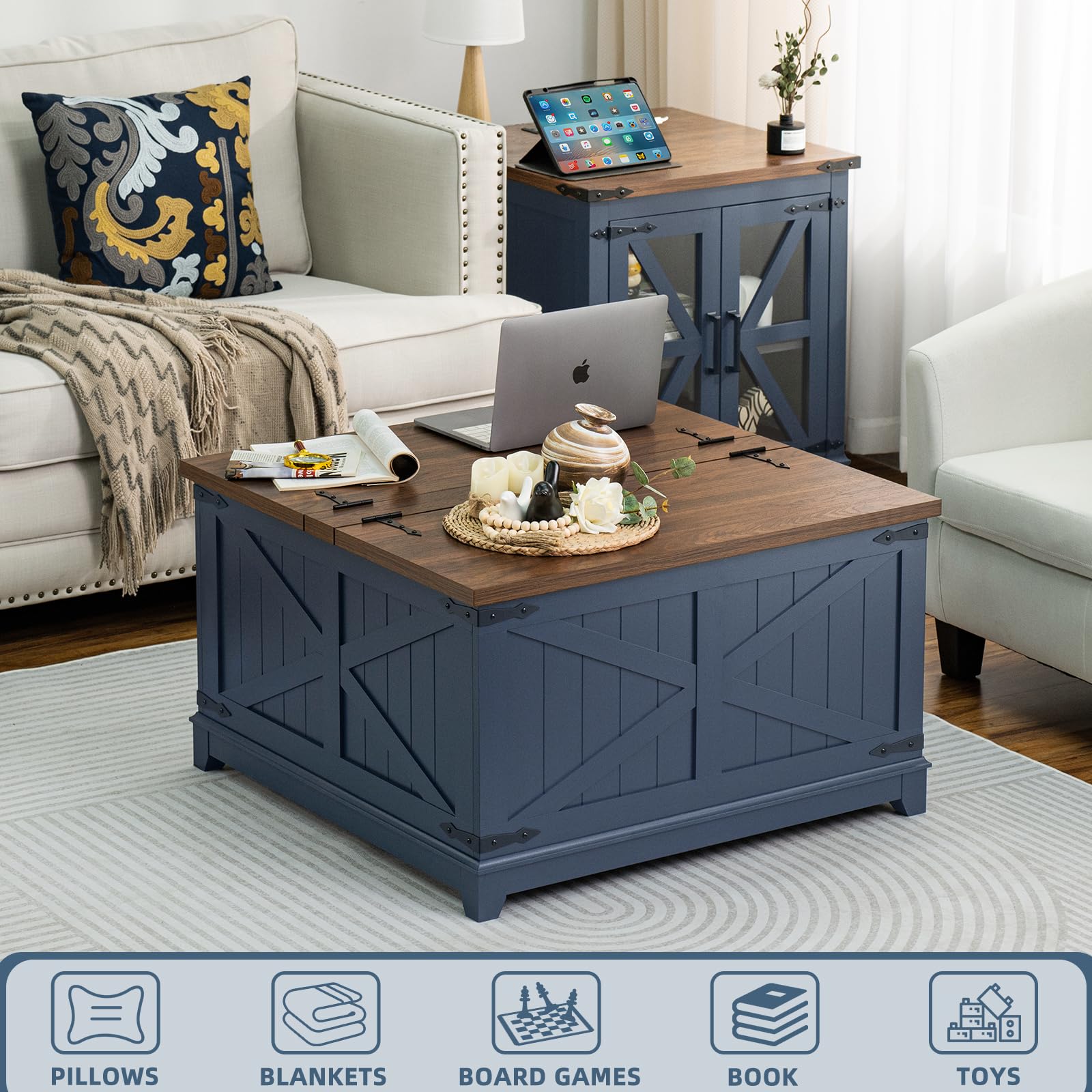 Farmhouse Coffee Table Set with Nightstands & Hidden Storage