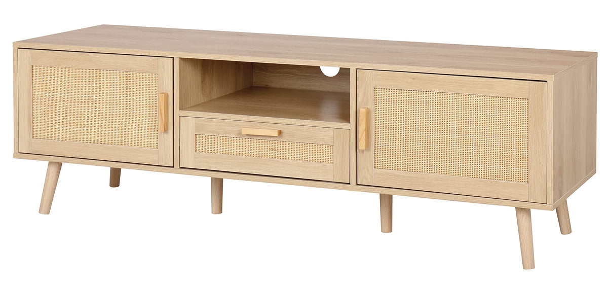 Finnhomy 59 Inch Boho TV Stand for up to 70 inch TV, TV Console with 2 Hand Made Rattan Decorated Doors, Living Room Entertainment Center TV Table with Storage, Natural