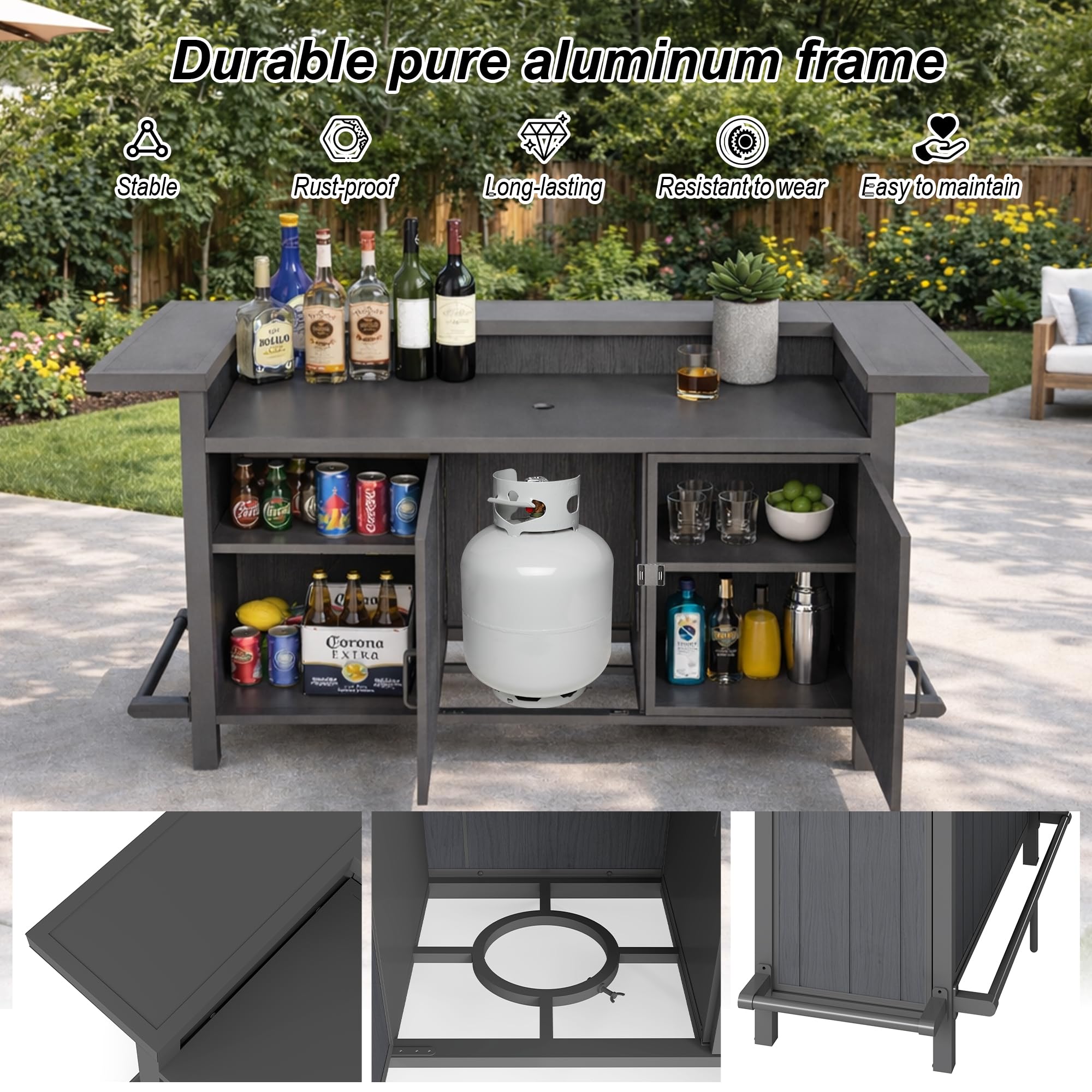 Domi Patio Bar Table, Outdoor Aluminum Bar Height Table with Cabinet, All Weather Use Storage Patio Cart for Patio Kitchen or Bar Cart, Black Grey
