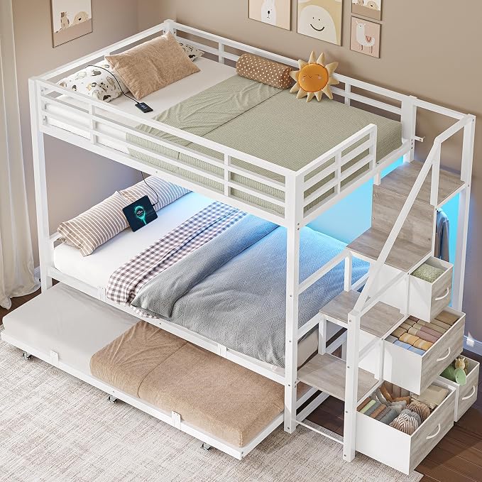 Twin Bunk Bed with Trundle and Storage Stairs
