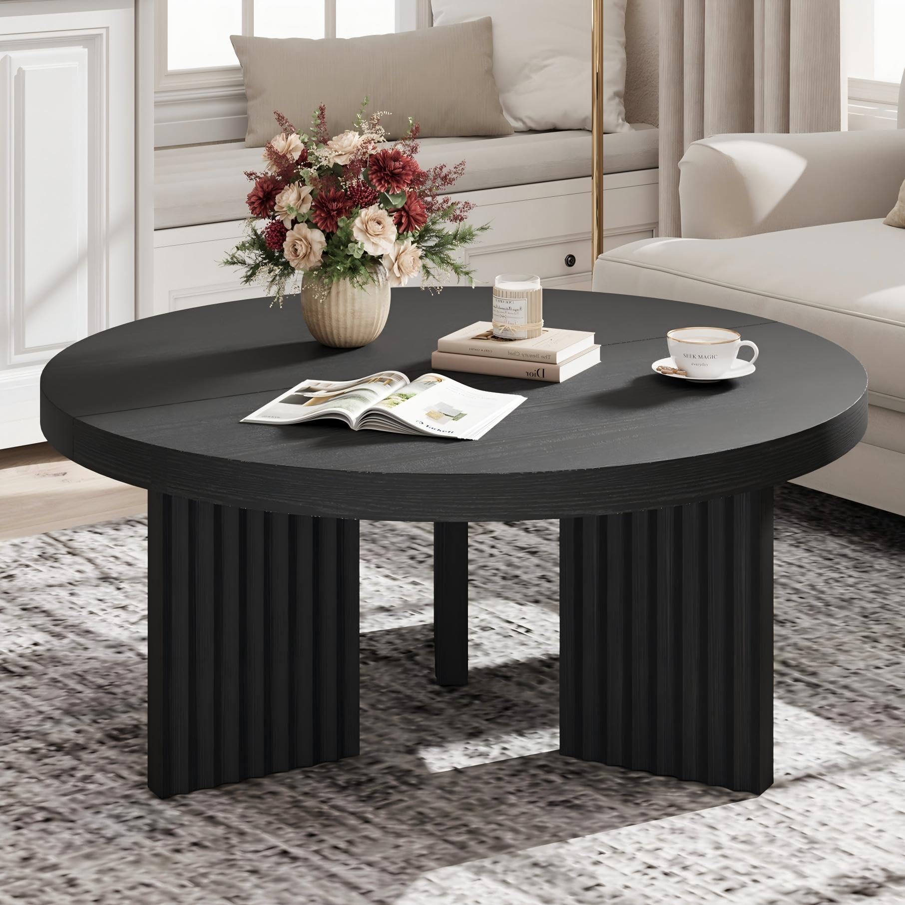 Garvee 33.5" Round Coffee Table, Circle Center Table with Fluted Legs & 1.3" Thick Top, Accent Sofa Tables for Living Room, Bedroom, Easy Assembly, Black