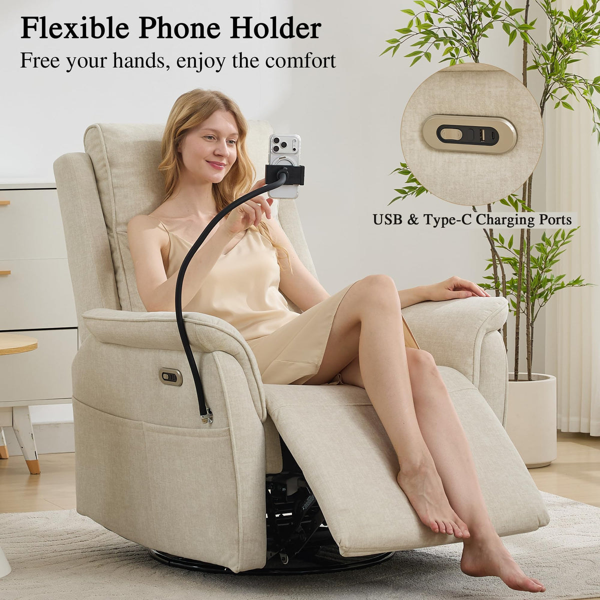 ParlorDream Power Recliner Chair with Phone Holder, Scratch Resistant Swivel Nursery Glider Rocker, USB Type-C Electric Reclining Chair with Wide Seat, Living Room & Bedroom, Beige