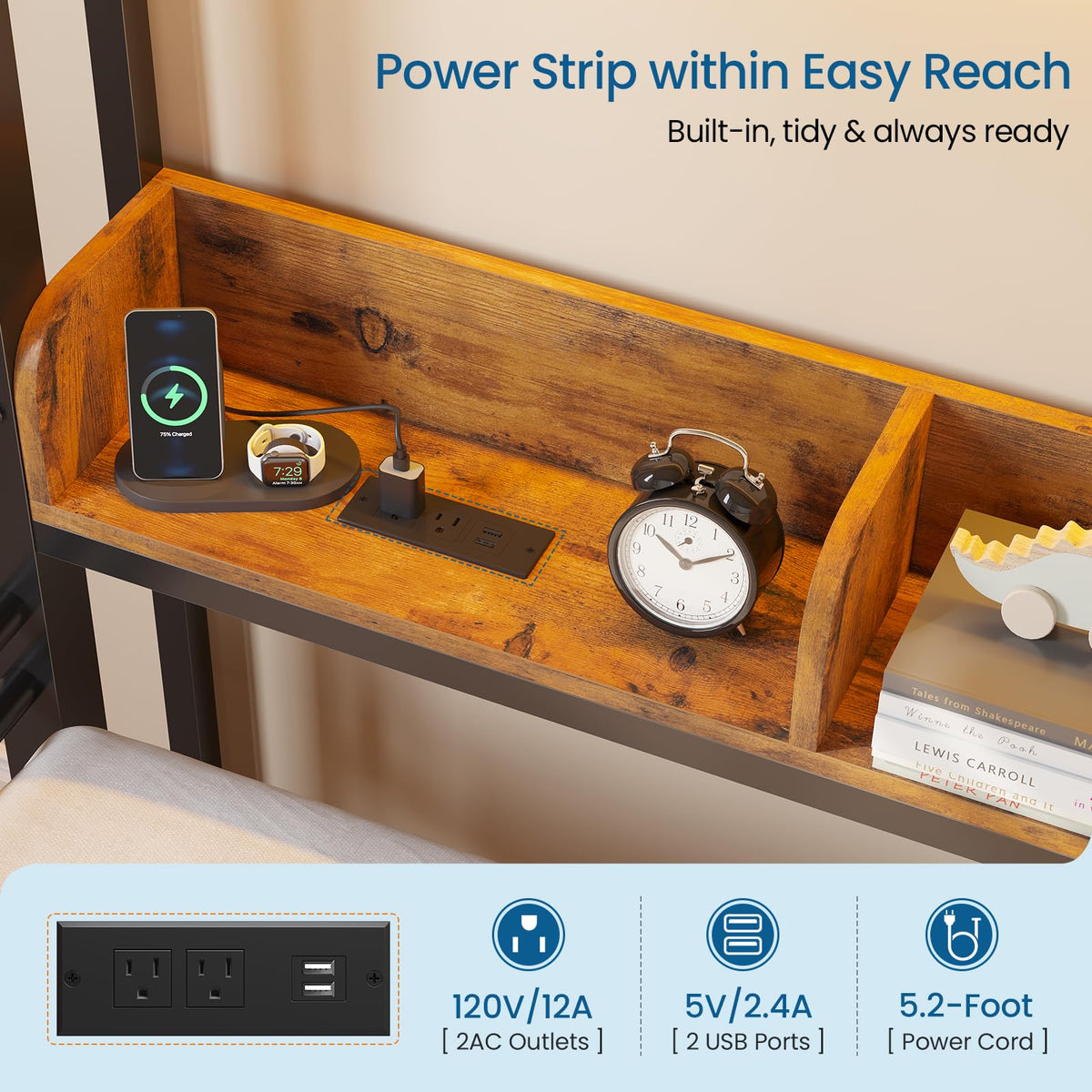 Twin Bunk Bed with Storage & LED Lights