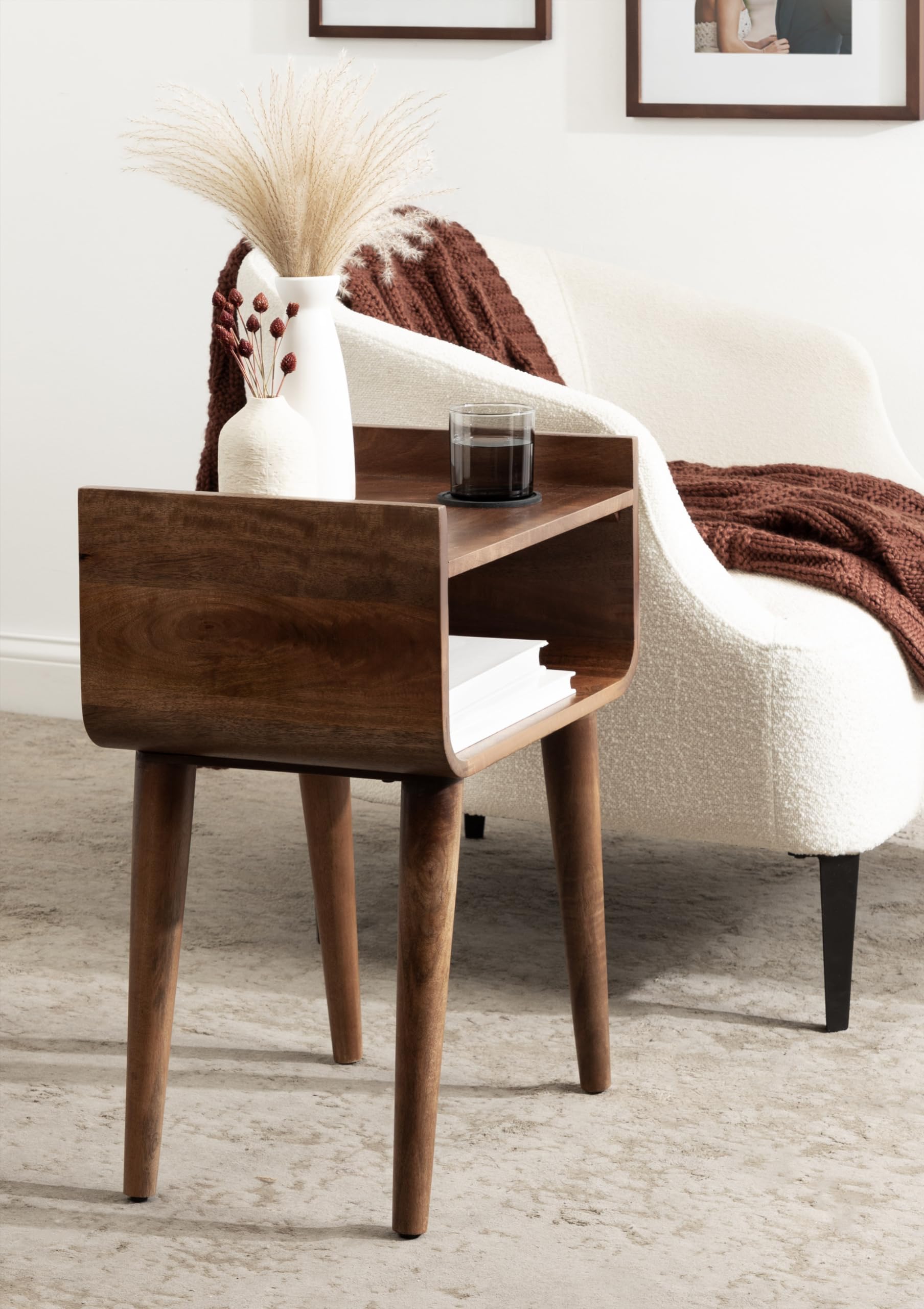 Kate and Laurel Quilby Mid-Century Living Room Side Table with Storage, 18 x 14 x 27, Walnut Brown, Wooden Bedroom Nightstand with Tapered Legs and Bedside Table Storage