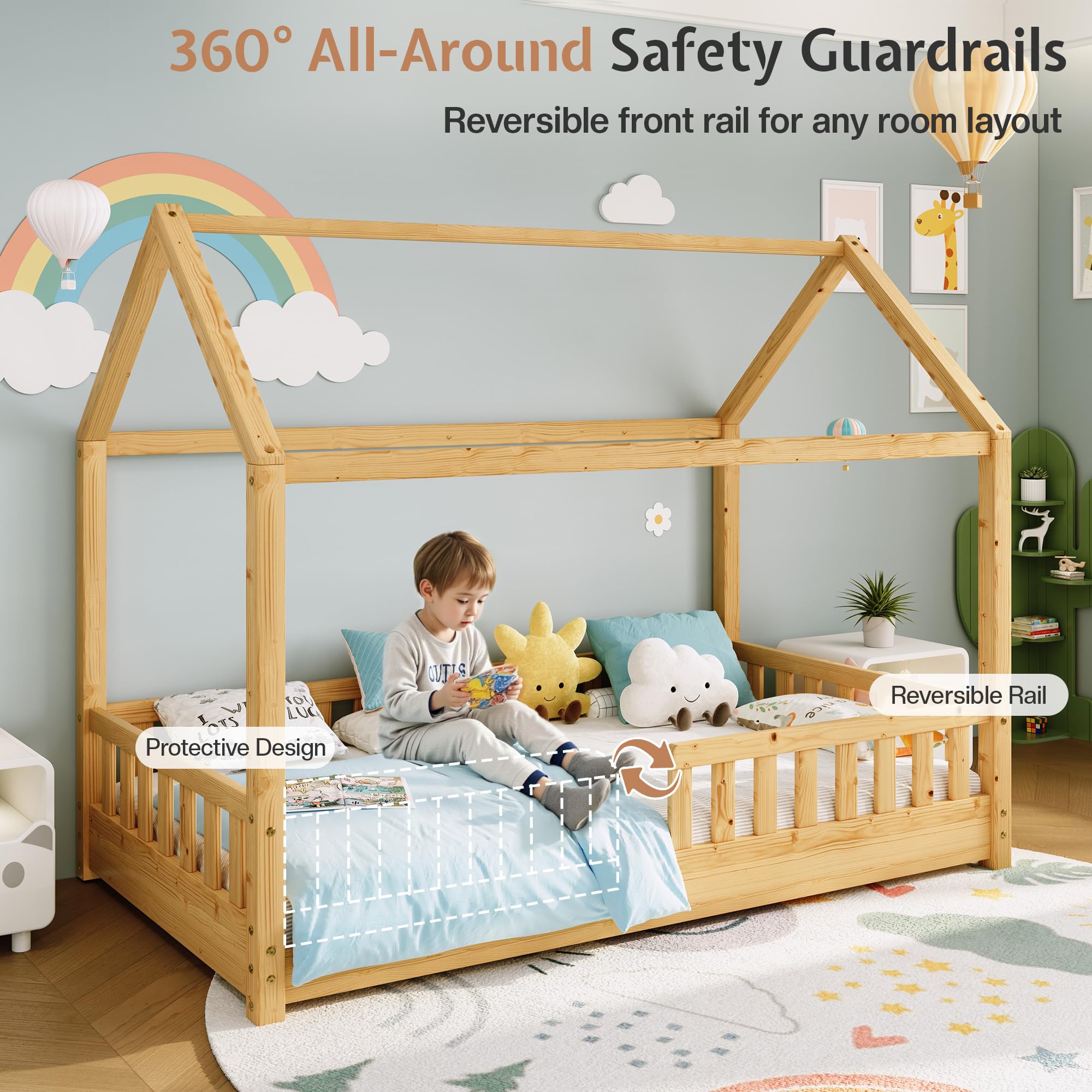 Jocisland Twin Size House Bed for Kids, Montessori 100% Wooden Floor Bed Frame with Guardrails, Removable Rails, Playhouse Roof, Easy Assembly, Toddler Floor Bed for Boys & Girls, Natural Wood