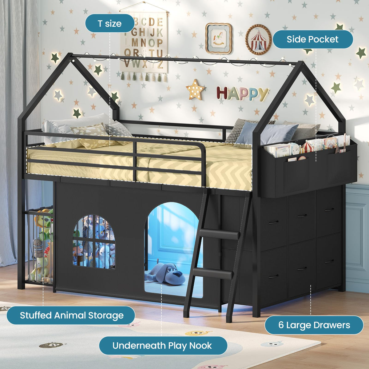 Low Loft Bed T Size with 6 Storage Drawers,Stuffed Animal Storage,LED Light