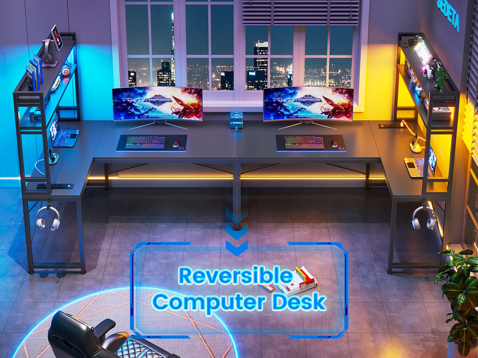 L-Shaped Corner Desk with Power Outlet & LED Lights