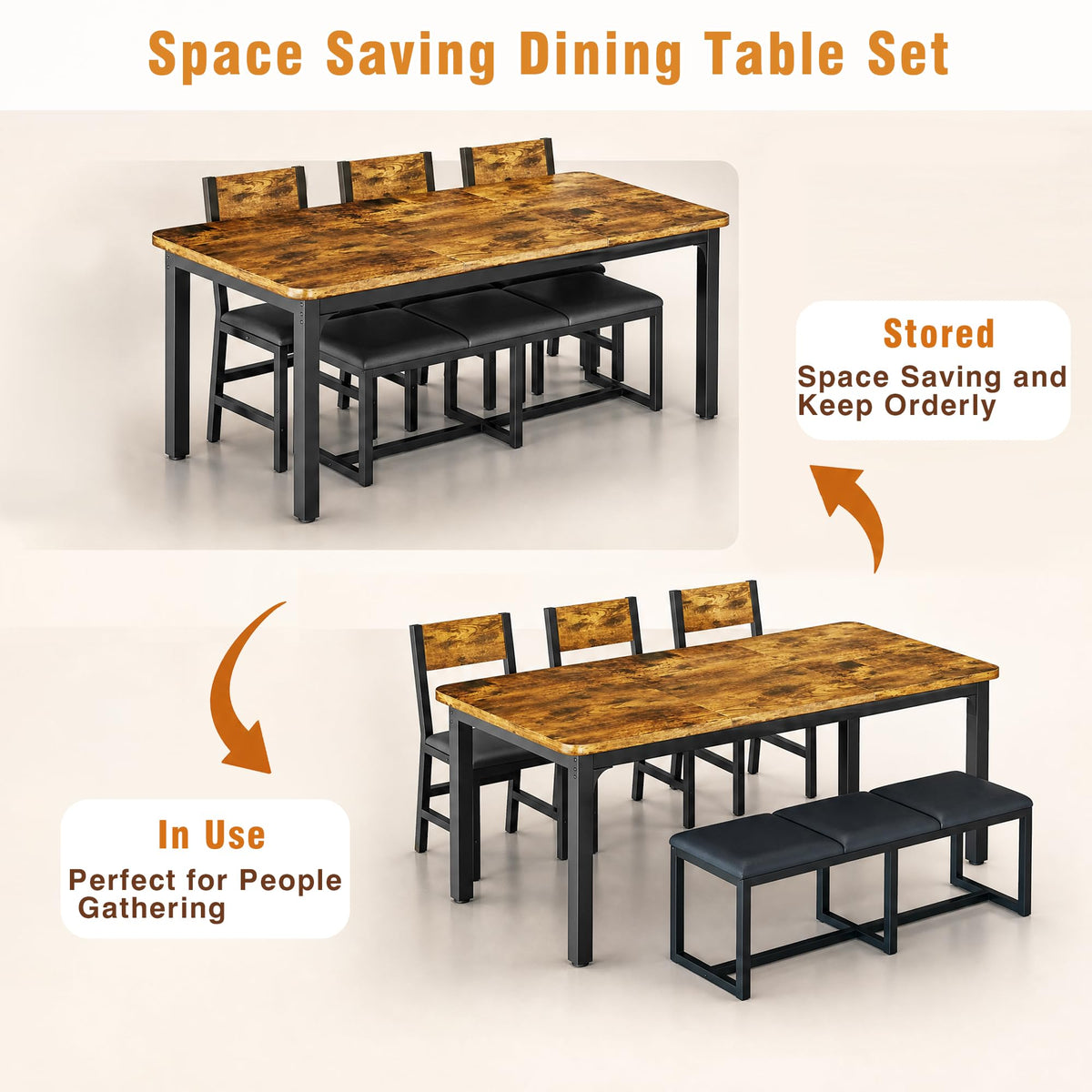 5-Piece Dining Table Set for 6, 63'' Long Kitchen Table Cushion Chairs Set with PU Bench and 3 Chairs, Rectangle Dining Table with Metal Frame & MDF Board, Space-saving for Small Apartment, Rustic