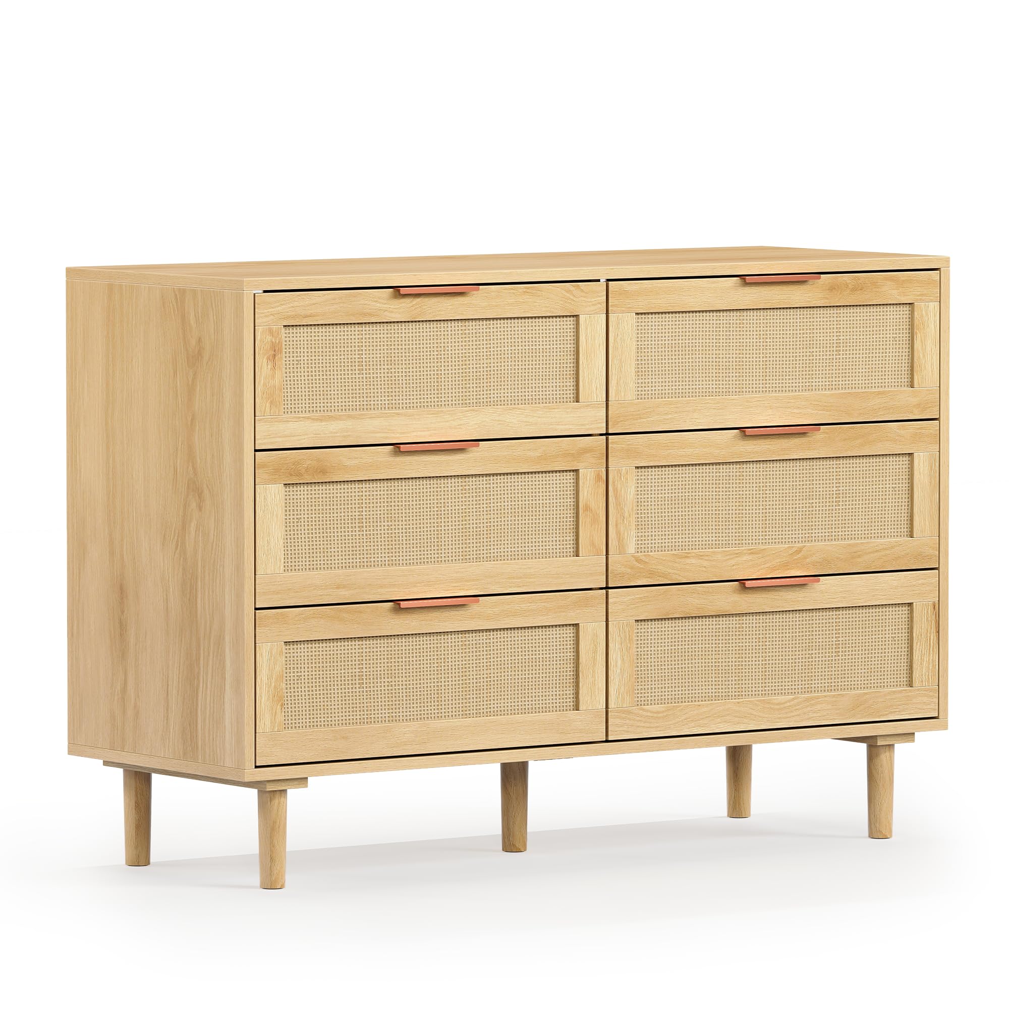 FUQARHY 6 Drawer Dresser Rattan Dresser Modern Chest with Drawers,Wood Storage Closet Dressers Chest of Drawers for Bedroom,Living Room,Hallway (Natural)