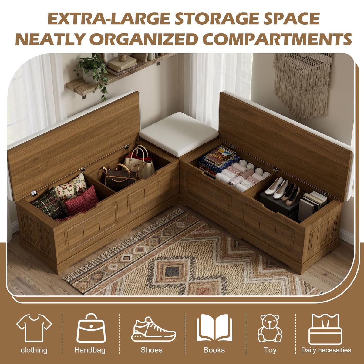 PAKASEPT Breakfast Nook Bench, L Shaped Storage Bench with Cushion