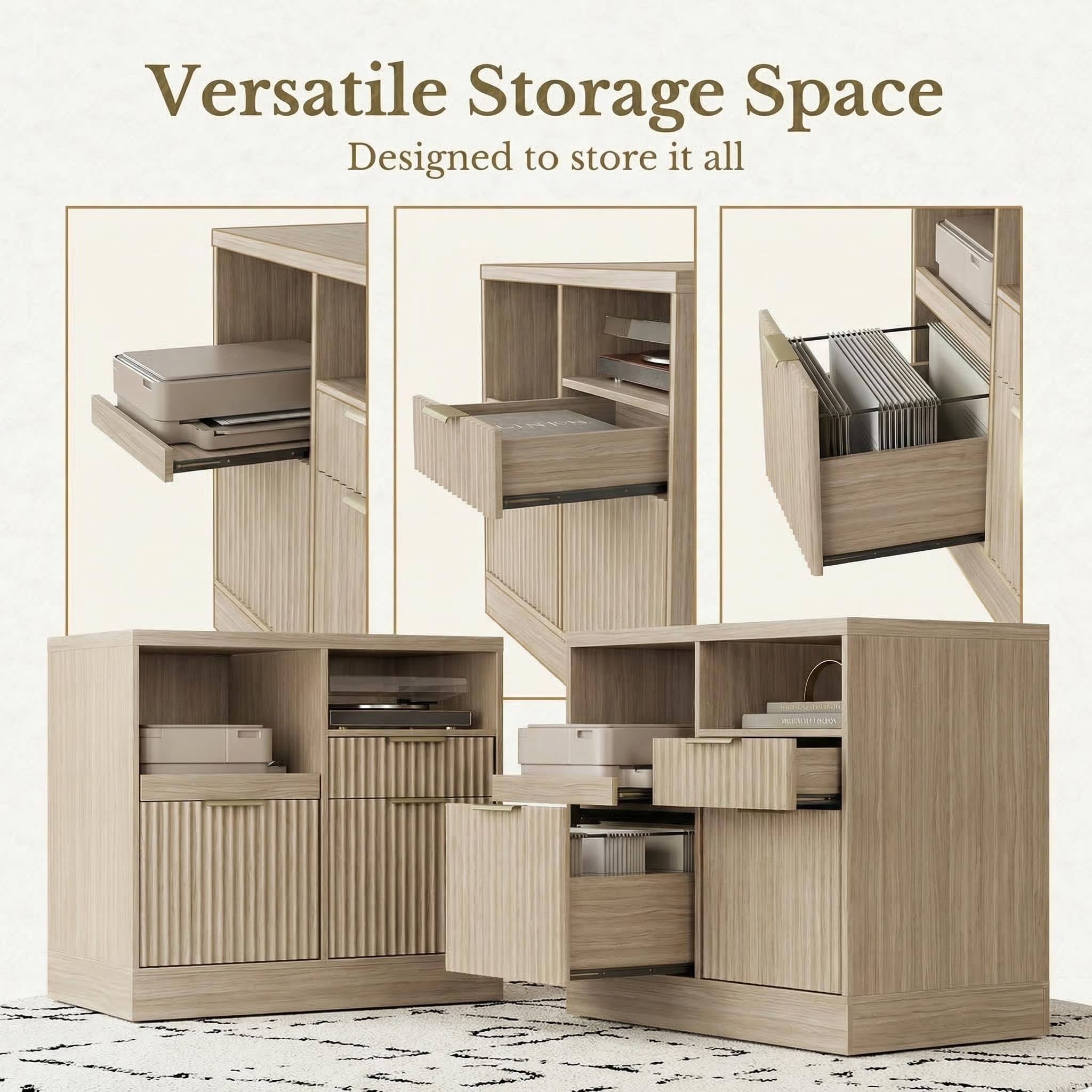 3-Drawer File Cabinet with Charging Station & Open Shelves
