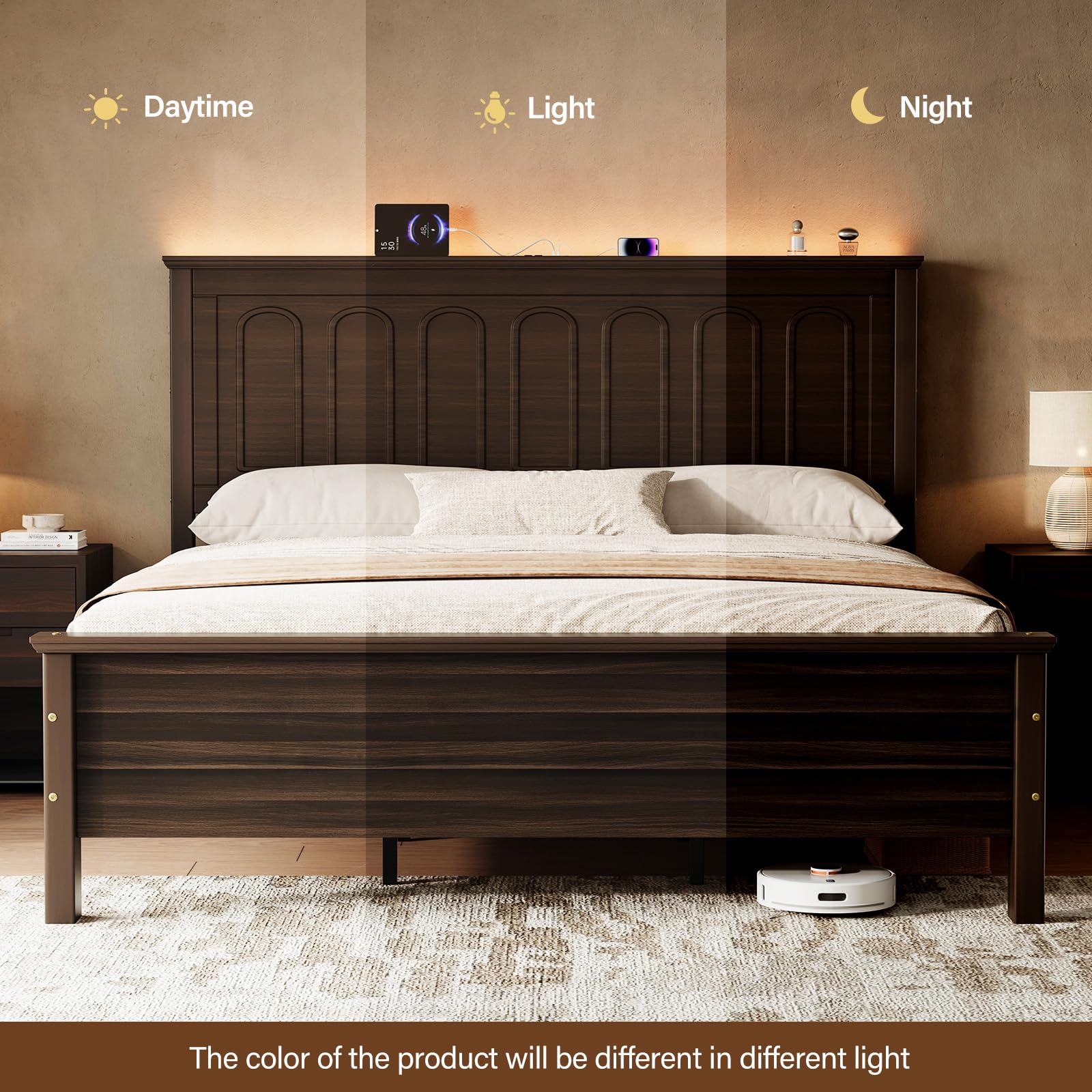 Uteeran Queen Size Bed Frame with Tall Headboard, Mid Century Modern Wood Platform Bed with Charging Ports and LED Lights, Solid Wood Slat Support, No Box Spring Needed, Easy Assembly, Walnut Brown