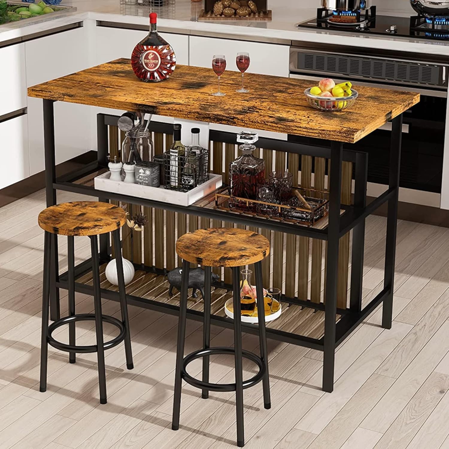 3-Piece Industrial Bar Table Set with Storage
