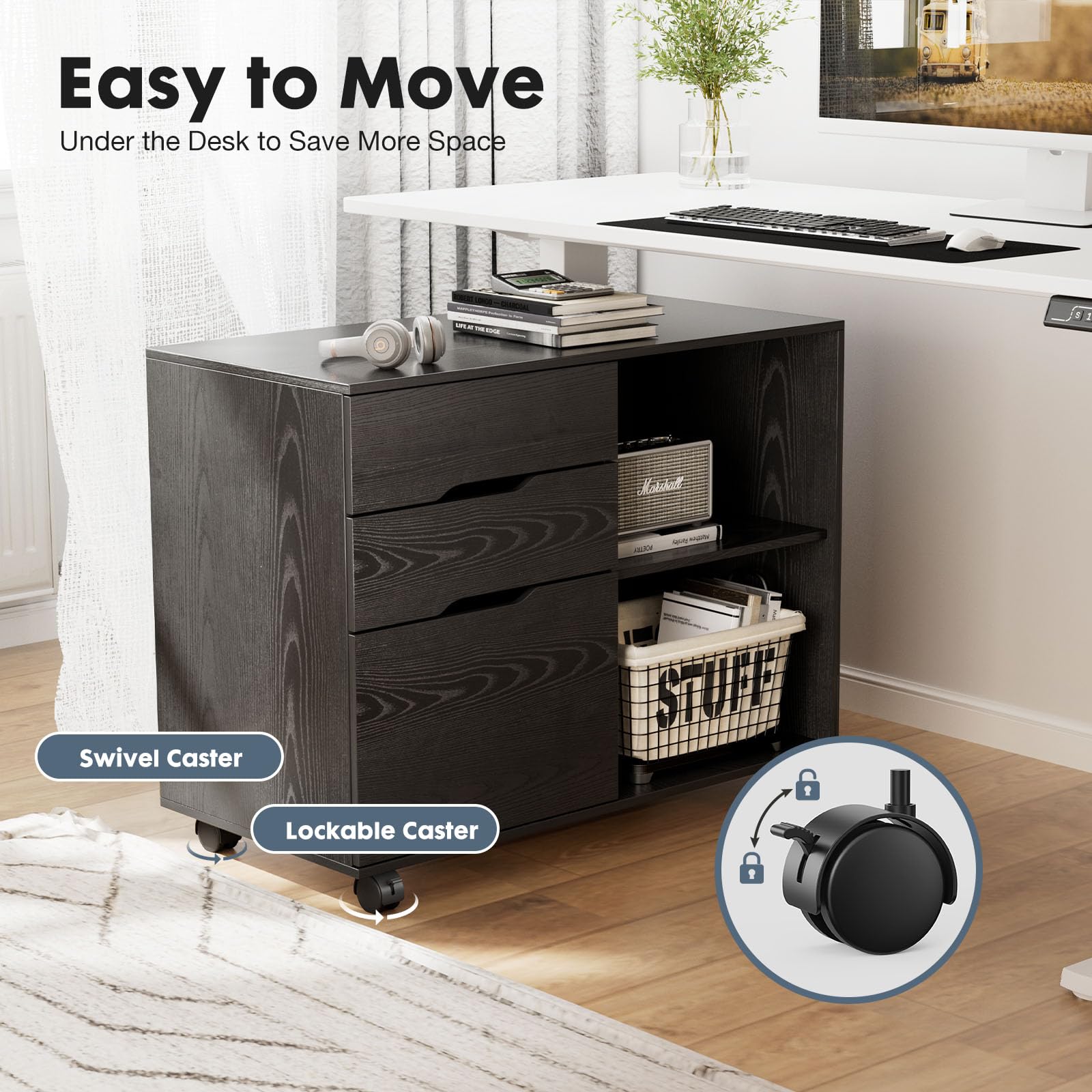 3-Drawer Rolling File Cabinet with Printer Stand
